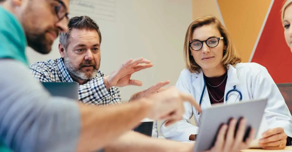 Healthcare professionals collaborating in hospital setting